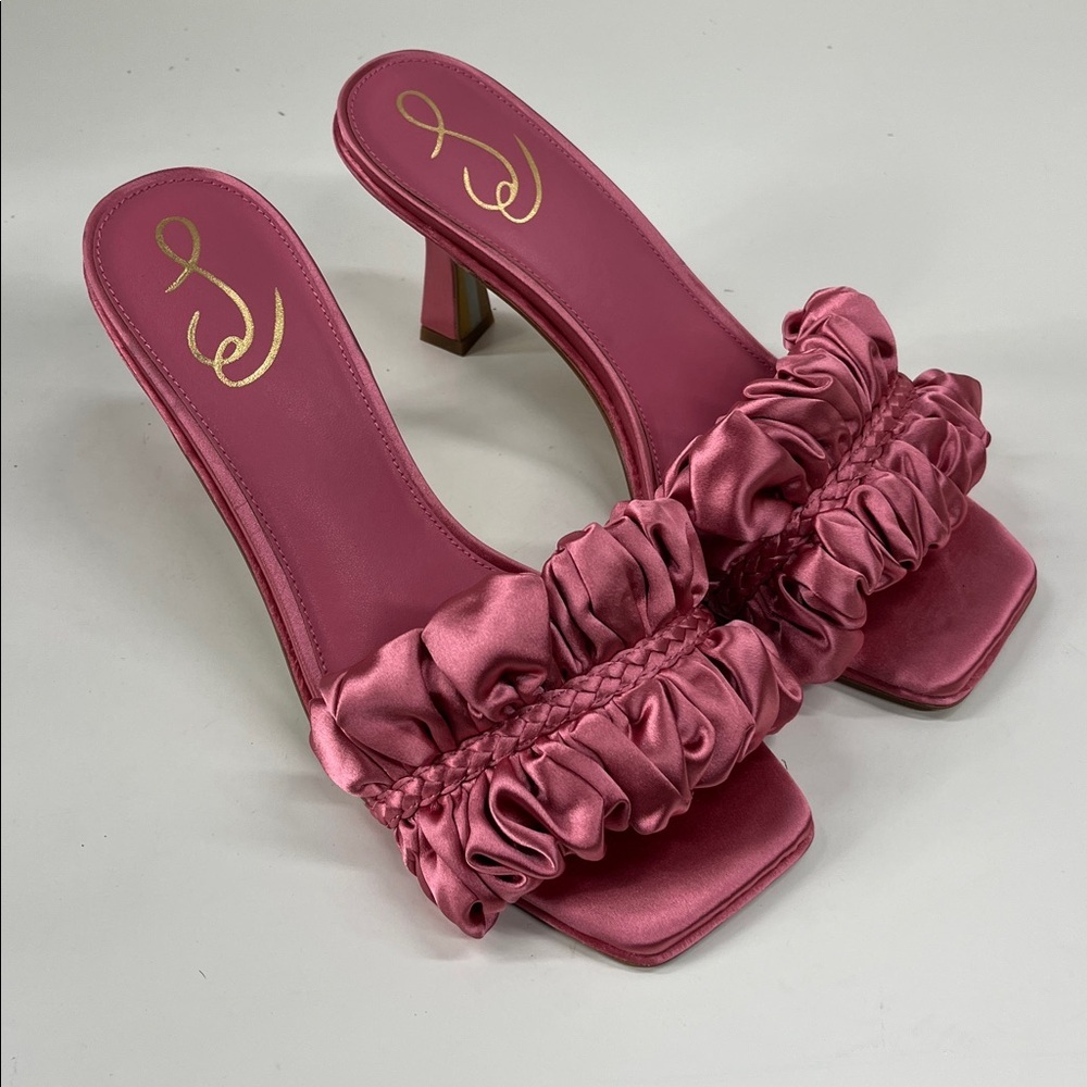Sam Edelman Pink Satin Ruffle Block Heel Sandals